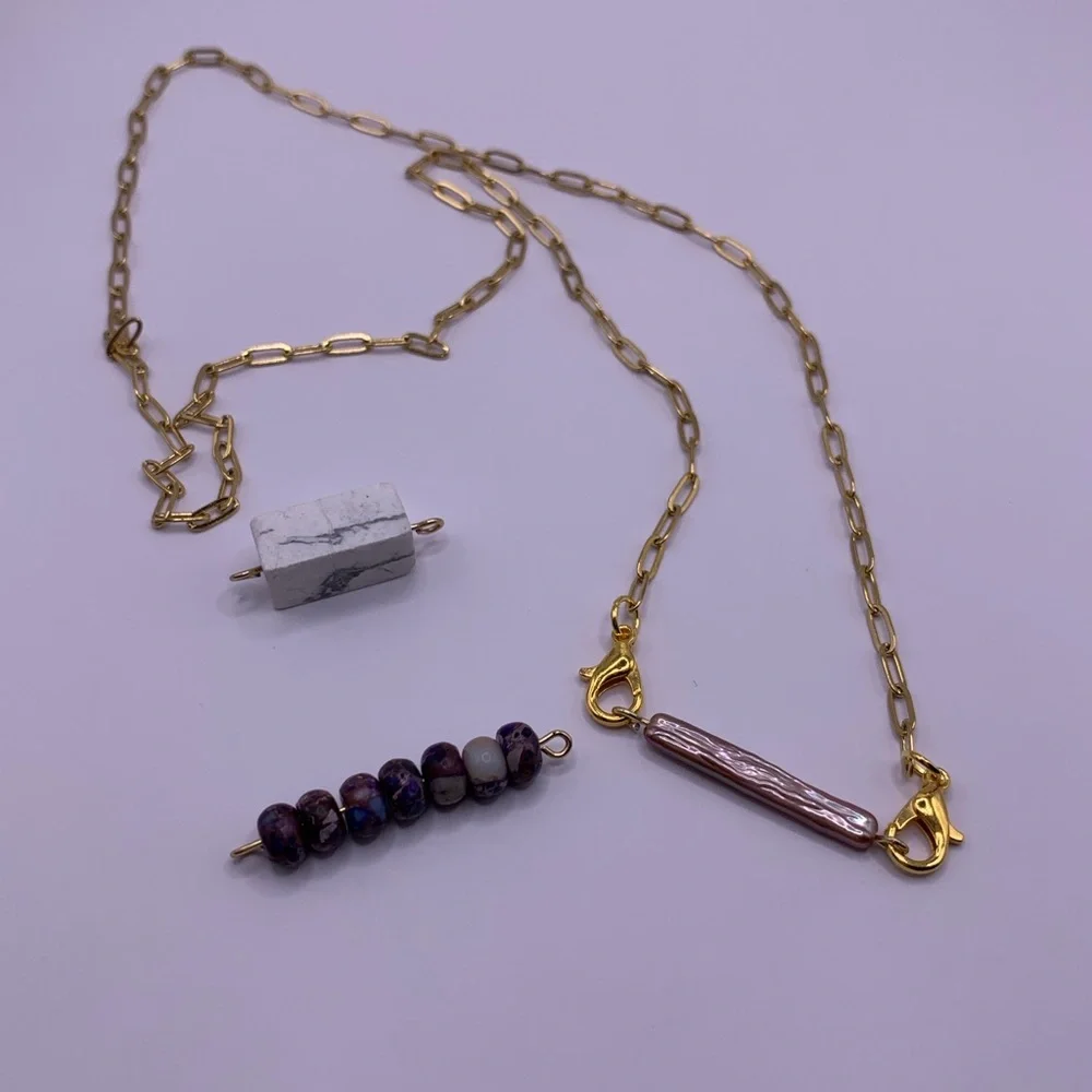 Interchangeable 14k Gold Plated Bar Necklace with Paperclip Chain